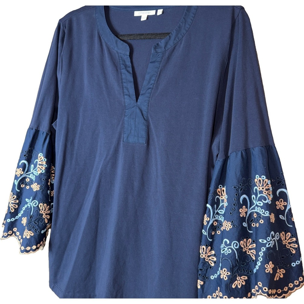 Chico's Navy Blue Embroidered Bell Sleeve XL Tunic Top Notch Neck Cotton Boho - Picture 2 of 6